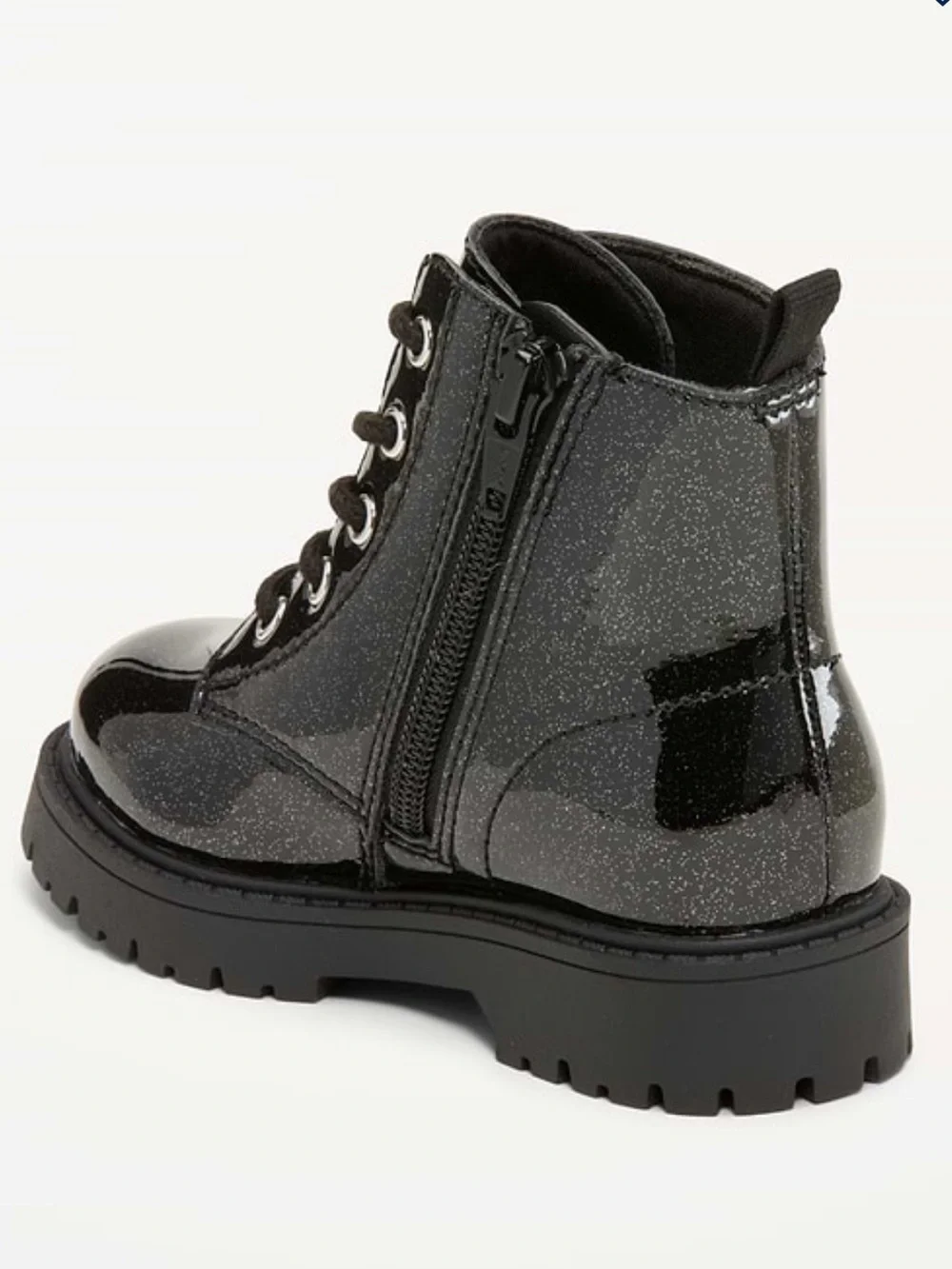 Girls' Black Glitter Lace-Up Combat Boots